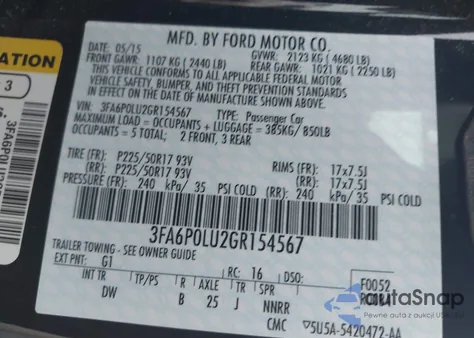 2016 Ford Fusion Hybrid Se z USA, uszkodzony, nr VIN 3FA6P0LU2GR154567